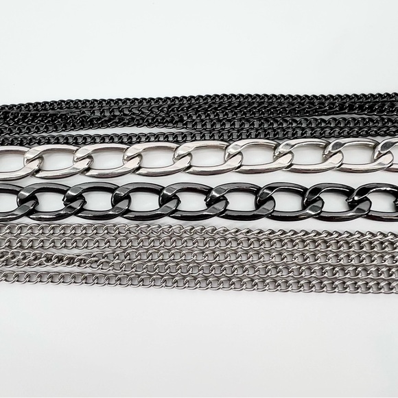Layered Mixed Metal Chain Necklace Multi Strand Gunmetal Silver Edgy Punk Goth - Picture 6 of 15